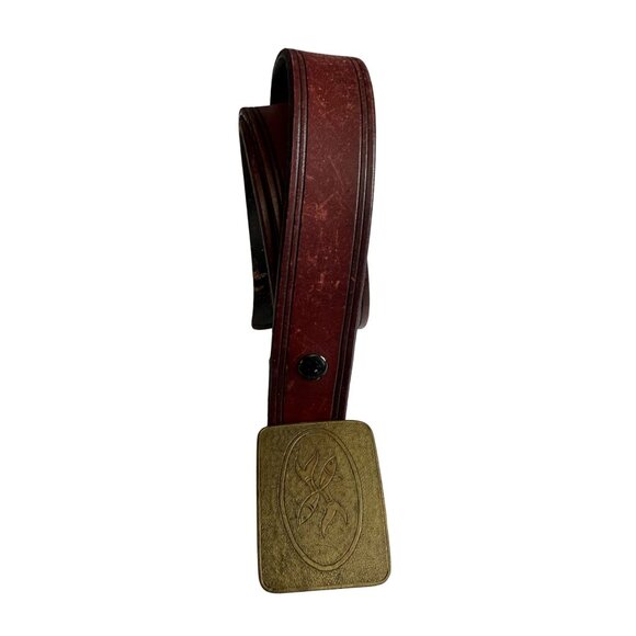 Vintage Koi Fish Engraved Leather Belt Men's 46.5" Red Gold-Tone Buckle Asian - Picture 3 of 10